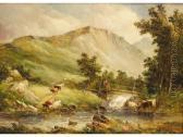 Cattle Watering In A Mountain Landscape Oil Painting by Alfred Vickers