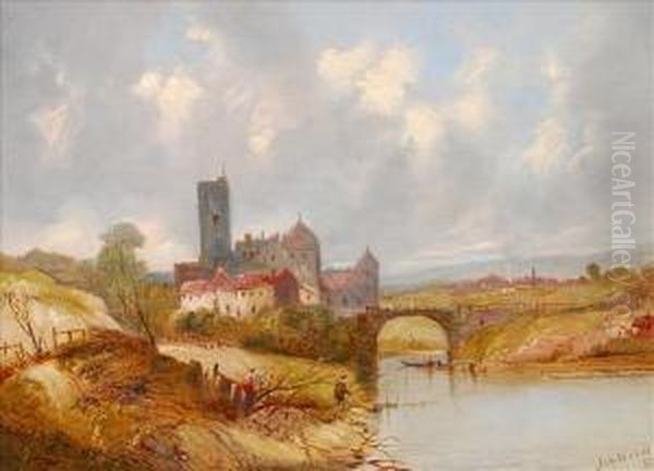 Figuresfishing With A Buildings Beyond Oil Painting by Alfred G., H., Or Sr Vickers