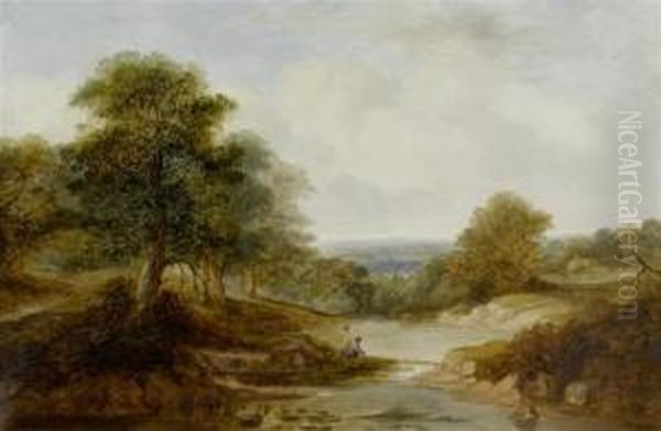 Two Fishermen In A Broad Landscape Oil Painting by A.H. Vickers