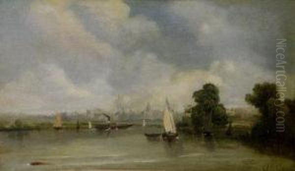 A Paddle Steamer And Sailing Boats In An Estuary With Distant Town Beyond Oil Painting by A.H. Vickers