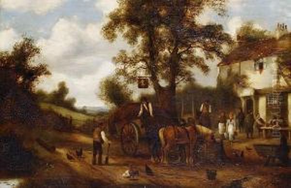 Travellers Stopping At An Inn; Resting The Horses At A Village, A Pair Oil Painting by Charles Vickers