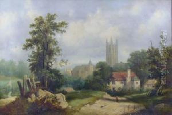 Artistic Impression Of View Of Canterbury Cathedral Oil Painting by Henry Harold Vickers