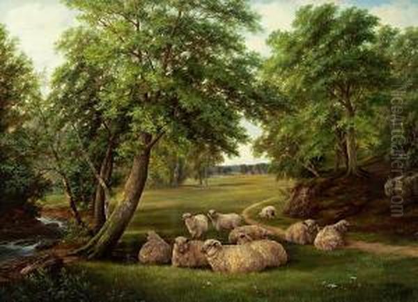 Sheep Resting In A Landscape Oil Painting by Henry Harold Vickers