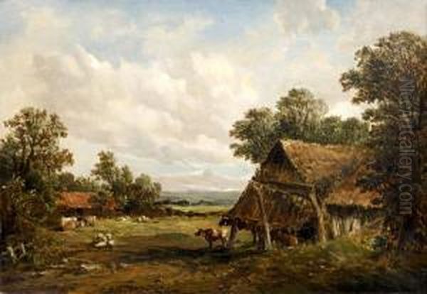 A Rural Landscape With Cattle And Sheep Grazing By Barns Oil Painting by Alfred Vickers