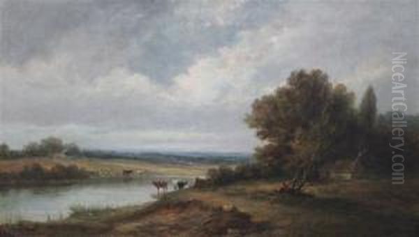 Cattle Watering In A Landscape Oil Painting by Alfred Vickers