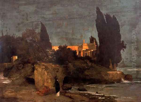 Villa on the seafront (first version) Oil Painting by Arnold Bocklin