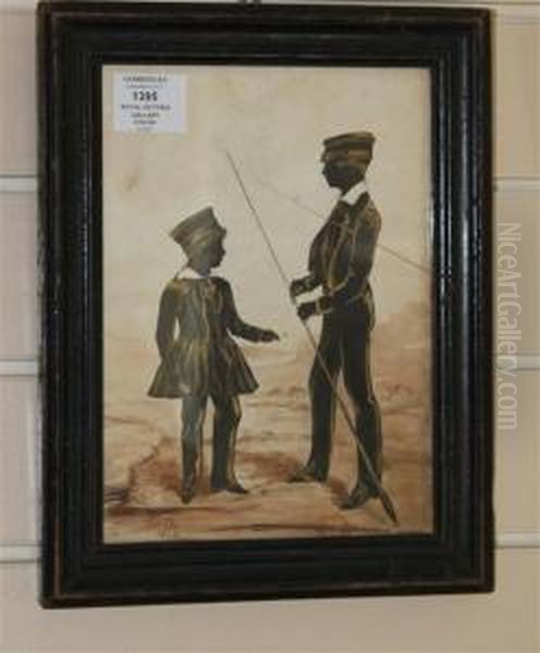 Silhouette Of Two Boys Fly Fishing Oil Painting by Royal Victoria Gallery