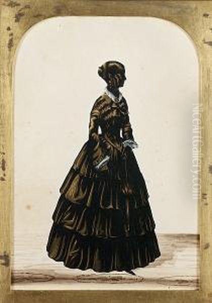 Four Silhouettes Of Ladies, Probably Sisters, Two Profile To The Left, Two Profile To The Right: All Wearing Layered Dresses With White Lace Collars Tied With Wide Ribbons, White Cuffs And Their Hair In Ringlets, One Wears A Bonnet; They Each Hold A Lorgn Oil Painting by Royal Victoria Gallery