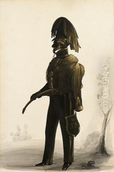 A Silhouette Of An Officer, Called Charles Hinde, Standing Full-length, Profile To The Left, Wearing Hussar Costume, Pelisse, Shako With Hanging Cock's Feather, Holding Carved Light Cavalry Sabre, Wearing A Fanciful Sabretache, Crowned Monogram Thereon Oil Painting by Royal Victoria Gallery