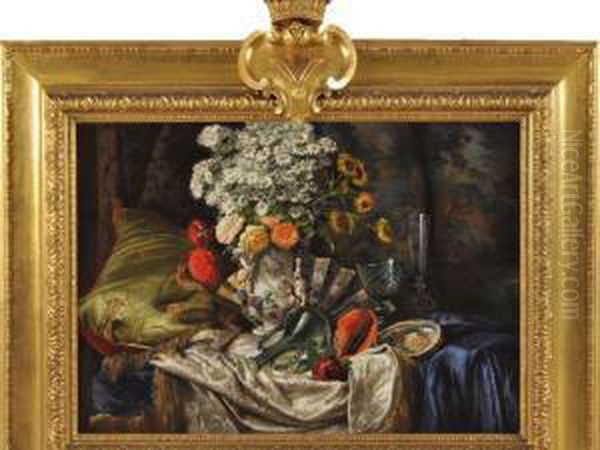 A Still Life Of Marguerites, Sunflowers And Roses With Glassware, Shells And A Fan Oil Painting by Princess Royal Victoria