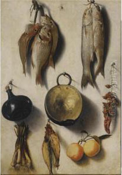 Fish, Chillies, Spring Onions, Oranges, A Flask And A Cookery Pot, All Hanging From A Wall Oil Painting by Vicente Victoria