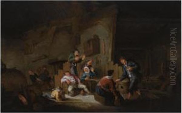 A Barn Interior With Peasants Making Music, Drinking And Dancing Oil Painting by Anthonie Victorijns