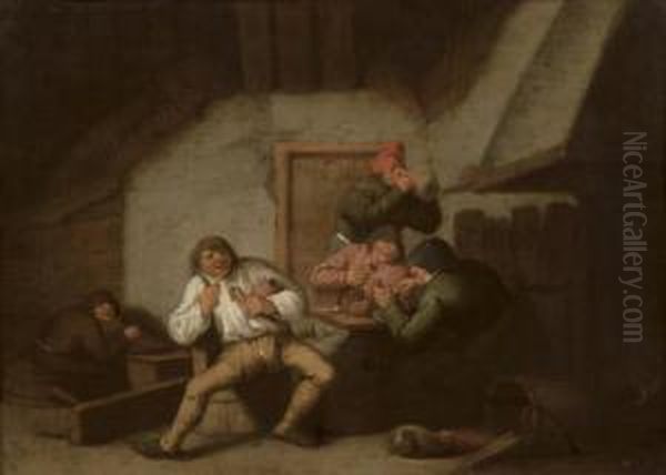 The Sense Of Taste: Boors Drinking And Smoking By A Fireplace In An Inn Oil Painting by Anthonie Victorijns