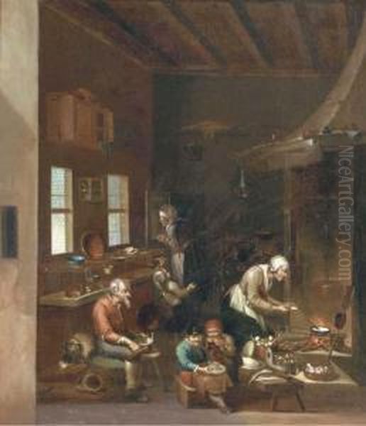 A Woman Frying Pancakes On An Open Fire, Children Eating And Otherfigures Preparing Food In A Kitchen Oil Painting by Anthonie Victorijns