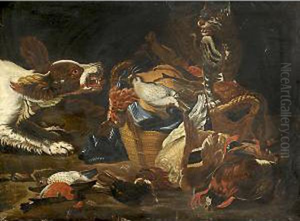 Natura Morta Con Gatto, Uccelli E Cane Oil Painting by Jacomo (or Victor, Jacobus) Victors