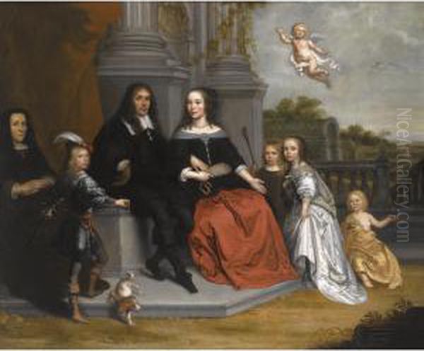 A Portrait Of A Family Within A Formal Garden Setting, The Husband And Wife Seated Beneath Two Fluted Pillars Oil Painting by Jan Victors