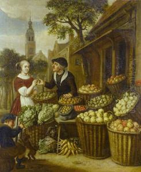 A Vegetable Seller In A Town Square Oil Painting by Jan Victors