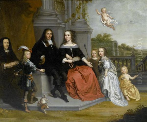 Family Portrait With Putto Before A Garden Landscape. Oil Painting by Jan Victors