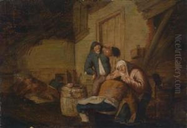 A Rustic Interior With A Woman Lousing Aman And Three Further Figures Oil Painting by Anthonie Victoryns