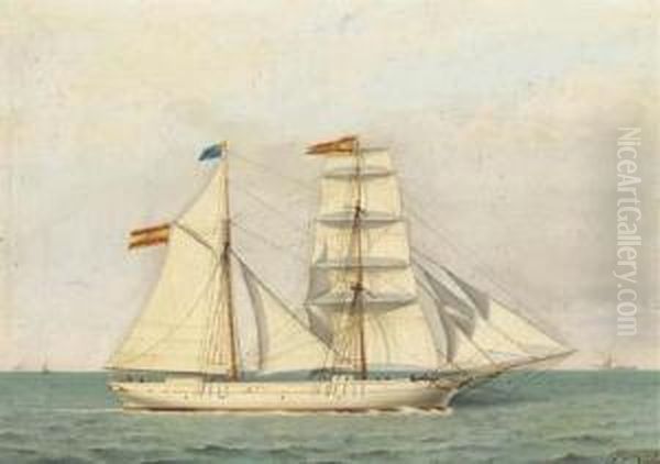 A Spanish Brigantine Under Full Sail Oil Painting by Francisco Vidal