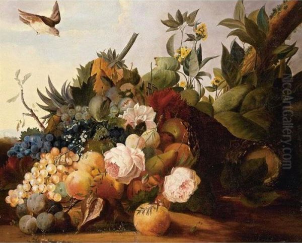 Still Life Of Fruit And Flowers In A Landscape Oil Painting by Louis Vidal