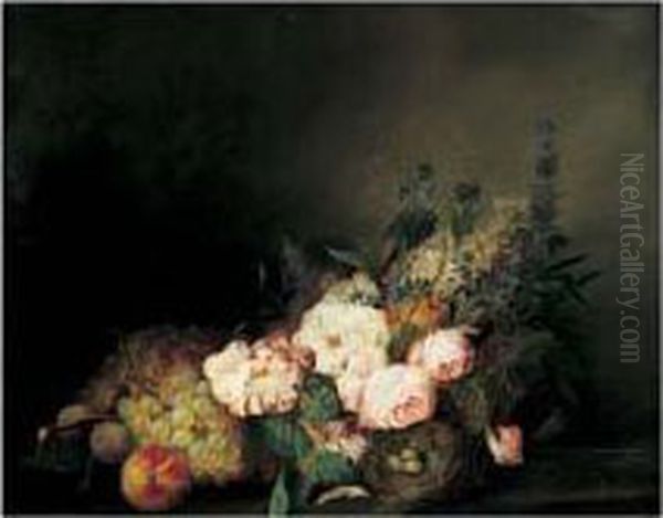 Nature Morte De Fleurs Et Fruits Sur Un Entablement Oil Painting by Louis Vidal