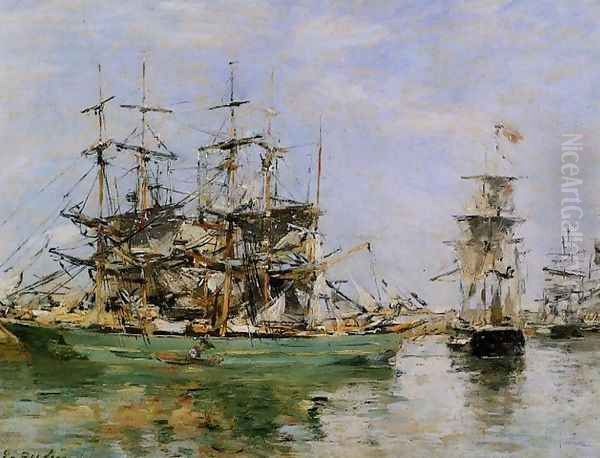 A Three Masted Ship in Port Oil Painting by Eugene Boudin