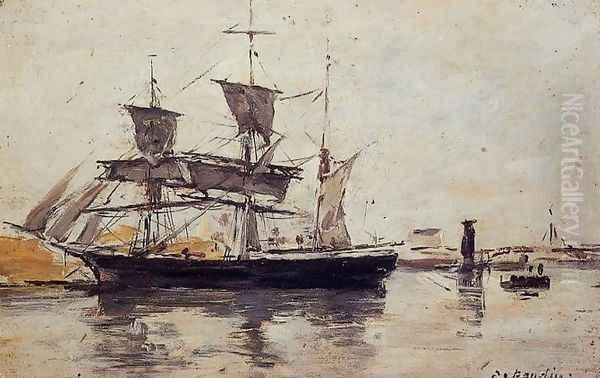 Three Masted Ship at Dock Oil Painting by Eugene Boudin