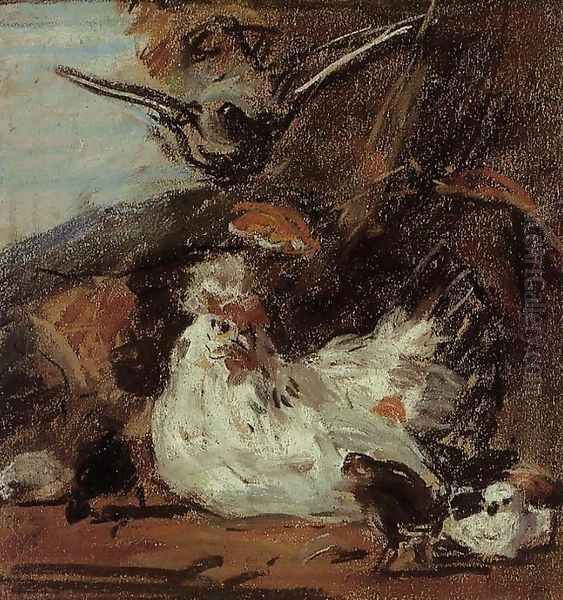 A Hen and Her Chicks (after Melchior d'Hondecoeter) Oil Painting by Eugene Boudin