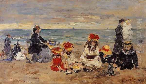 Woman and Children on the Beach at Trouville Oil Painting by Eugene Boudin