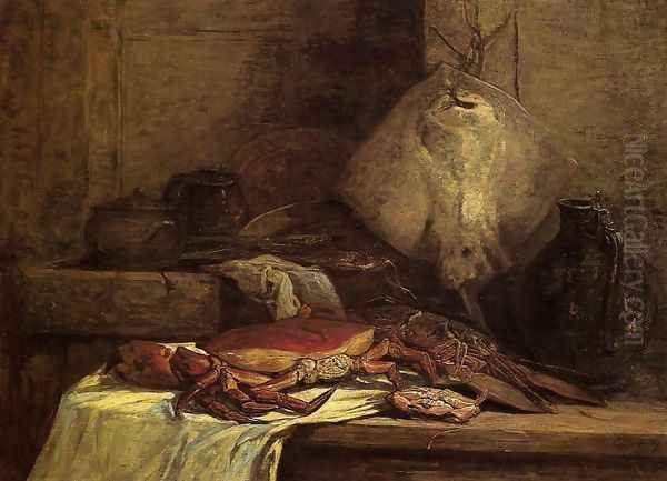 Crab, Lobster and Fish (aka Still Life with Skate) Oil Painting by Eugene Boudin