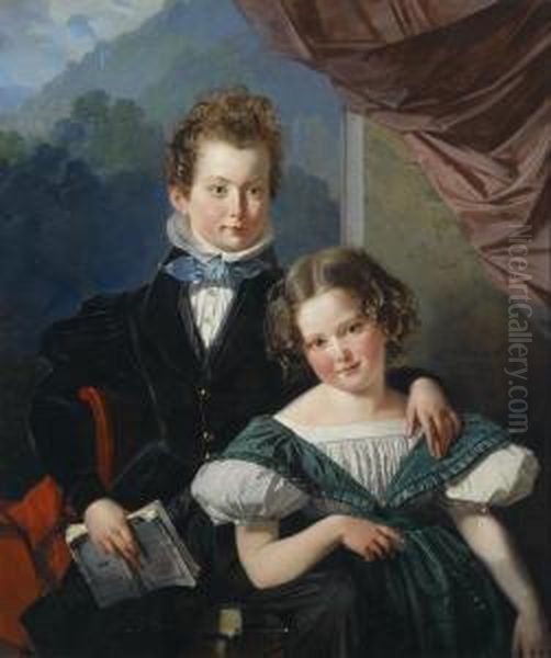 Portrait Of Two Children Of The De Thier Family Oil Painting by Josef Bartholomeus Vieillevoye