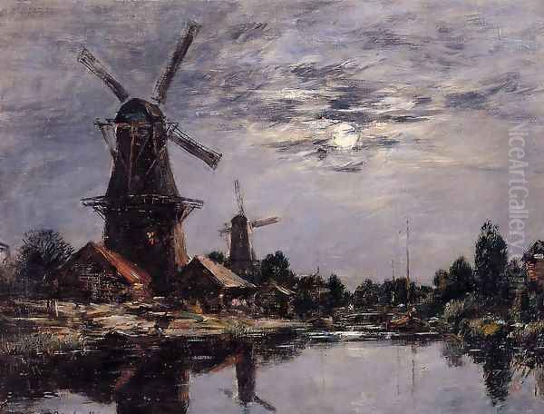 Windmills and Canel near Dordrecht Oil Painting by Eugene Boudin