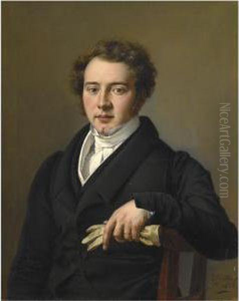 Portrait Of A Young Man, Half Length, Wearing Black Jacket Andholding A Pair Of Gloves Oil Painting by Josef Bartholomeus Vieillevoye