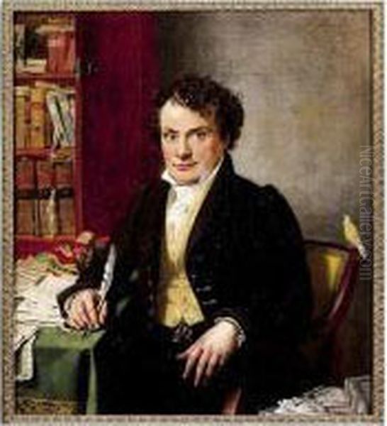 Portrait D'homme Assis Devant Sa Bibliotheque Oil Painting by Josef Bartholomeus Vieillevoye