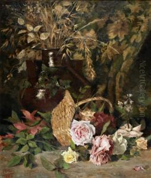 Cesto Com Rosas Em Jardim Oil Painting by Joao Rodrigues Vieira