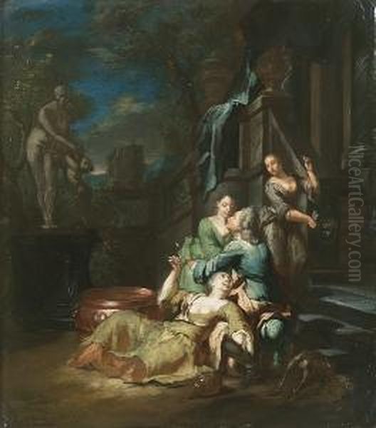 A Gentleman Carousing With Courtesans Oil Painting by Jan Carel Vierpeyl