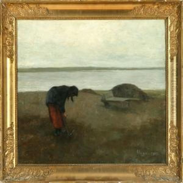 Autumn Inlet Scenery With A Woman Weeding The Fields Oil Painting by Jens Vige