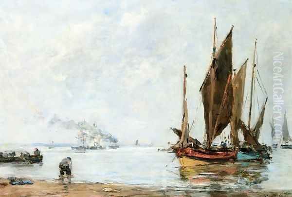 Boats At Anchor along the Shore Oil Painting by Eugene Boudin