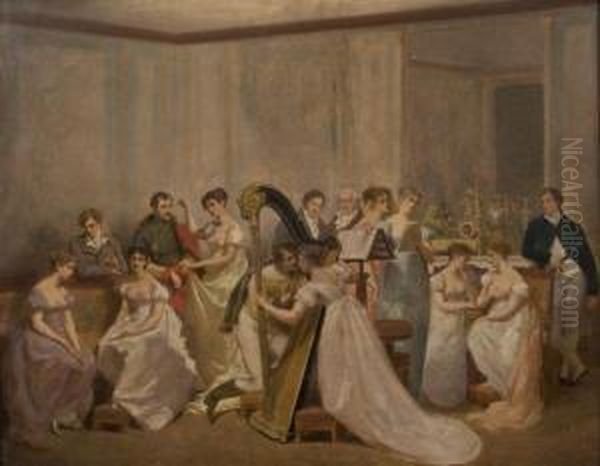 Une Soiree A La Malmaison : L'imperatrice Josephine Et L'empereuralexandre Autour D'une Harpe Oil Painting by Hector Viger Du Vigneau