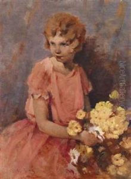 Girl With Bouquet Of Flowers Oil Painting by Bertalan Vigh