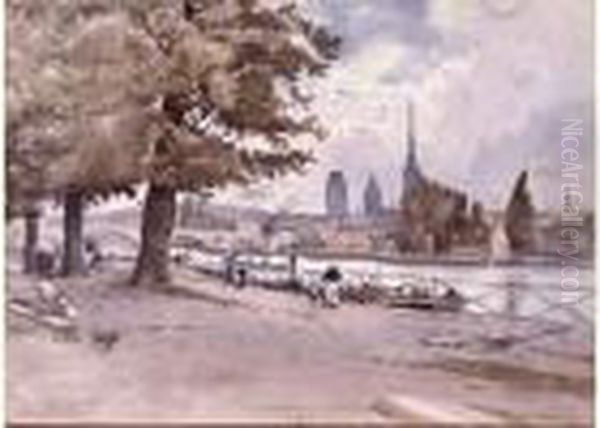 Vieille Ville De Rouen Vue De L'autre Berge De La Seine Oil Painting by Pierre Vignal