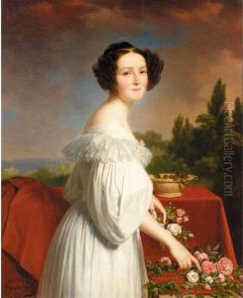 Portrait Of A Lady Arranging Roses Oil Painting by Pierre Roch Vigneron