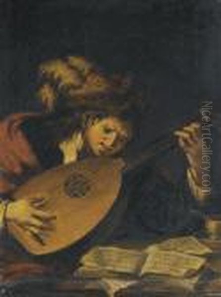 The Lute Player Oil Painting by Claude Vignon