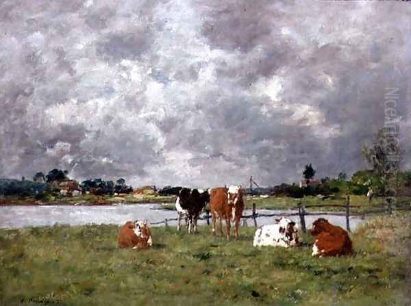 Cows in a Field under a Stormy Sky, 1877 Oil Painting by Eugene Boudin