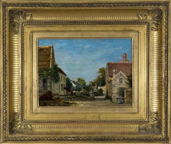 Village Street Scene With Figures And Horse. Oil Painting by Claude Vignon