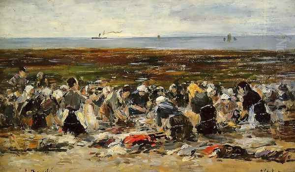 Etretat, Laundresses on the Beach, Low Tide Oil Painting by Eugene Boudin