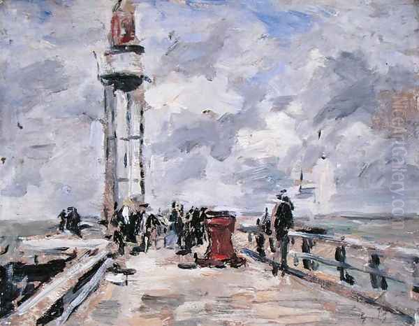 The Jetty and Lighthouse at Honfleur c.1885-90 Oil Painting by Eugene Boudin