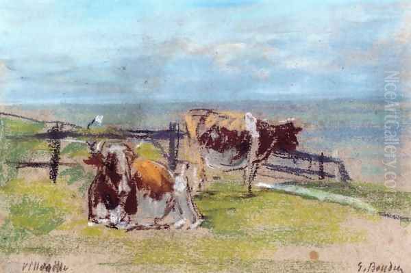 Cows on a Cliff at Villerville Oil Painting by Eugene Boudin