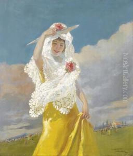 Espaaola Con Mantilla (the White Mantilla) Oil Painting by Julio Vila y Prades